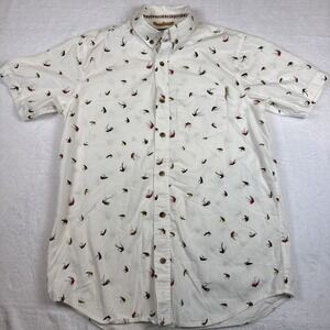 Dravus Button Down Shirt Men's S White Fly Fishing Geometric AOP Short Sleeve